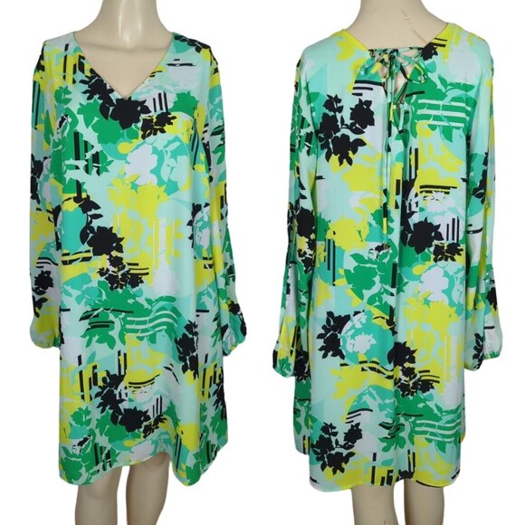 KAARI Blue V-Neck Long keyhole Sleeve yellow green abstract print Dress Size L - Picture 1 of 16